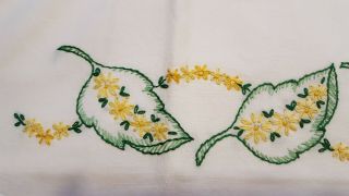 Pair Vtg Cotton Hand Embroidered Pillowcases Yellow Flowers Green Leaves