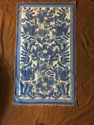 Vintage Fashion Bath Towel Blue Floral Cotton With Fringe