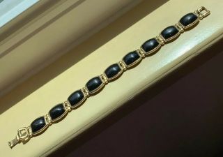Vintage Sterling Silver 925 Black Onyx Cabochon Gold Tone Link Bracelet - 7.  25”