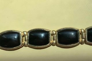 Vintage Sterling Silver 925 Black Onyx Cabochon Gold Tone Link Bracelet - 7.  25” 2