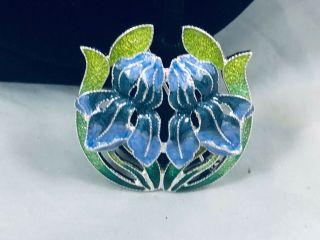 Vtg.  Napier Blue & Green Enamel Silver Tone Double Lily Flowers Brooch