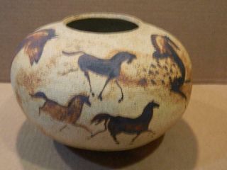 Hilda Steckel Pottery Bowl Hand Painted Cave Dwelling Horses & A Cow Vintage