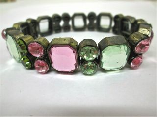 Vintage Pink & Green Faceted Rhinestones & Lucite Stone Stretch Bracelet