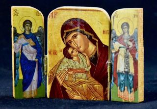 Vintage Handmade Virgin Mary &jesus Painting Icon Wooden Miniature Figurine