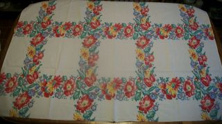 Vintage Printed 62 " X 55 " Cotton Table Cloth - Red,  Yellow,  Blue Floral Design