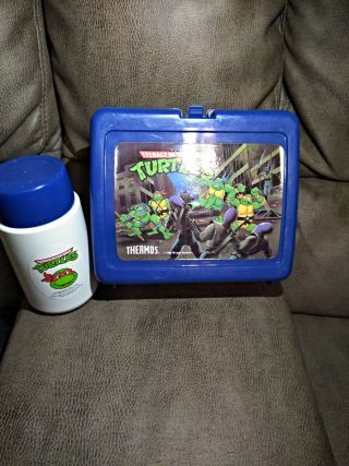 Vintage Tmnt Teenage Mutant Ninja Turtles 1989 Blue Thermos Lunchbox W/ Thermos.