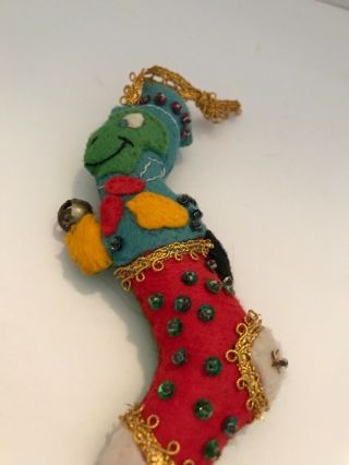 Vintage Disney Jiminy Cricket Stocking Ornament.  4” Made Of Cloth And Has A Bell