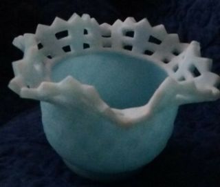 Vintage Fenton Glass Blue Satin Basket Weave Bowl Candy Trinket Dish