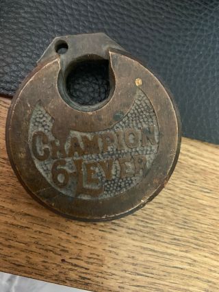 Vintage Antique Champion 6 Lever Pancake Lock Padlock No Key Brass Bronze Chain