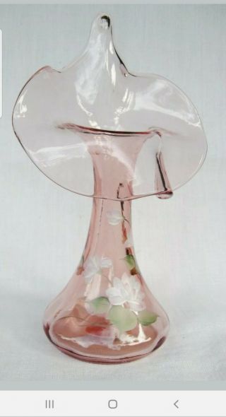 Fenton Glass Floral Jack In The Pulpit Vase Pink Artist Signed 11” Pink Vintage