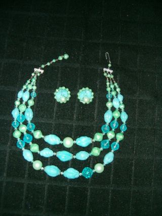 Estate Vintage One Of A Kind Turquoise Aqua Blue 3 Layer Beaded Necklace Earring