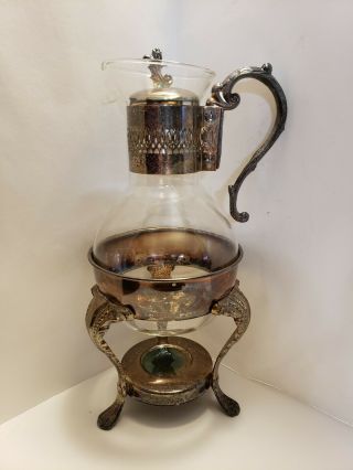 Vintage Silver Plated Glass Coffee Tea Pot Carafe W/candle Stand Warmer Holder