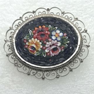 Vintage Micro Mosaic Poppy Flower Brooch Pin Glass Tile Filigree Costume Jewelry