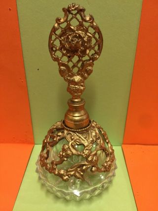 Vintage Gold Plated Ormolu Perfume Bottle With Rose Topper.