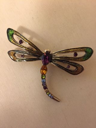 Vintage Signed Monet Rainbow Rhinestone Dragonfly Brooch Pin,  2 Inches Wide.
