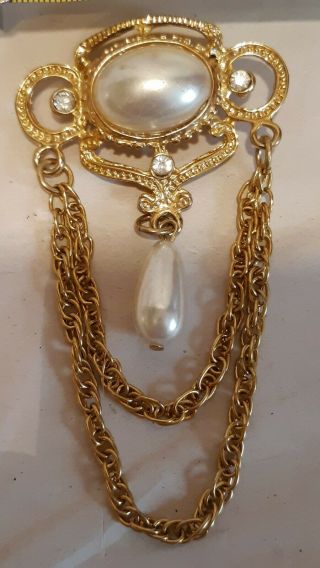 Vintage Victorian Style Pearl Accent Faux Pearl & Chain Drape Brooch Pin 2