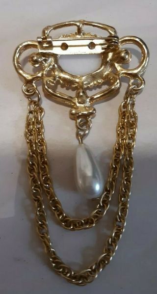 Vintage Victorian Style Pearl Accent Faux Pearl & Chain Drape Brooch Pin 3