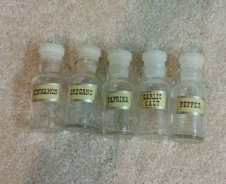 5 Vintage Glass Spice Bottle Jars Apothecary W/ Plastic Stopper Made In Japan 4”