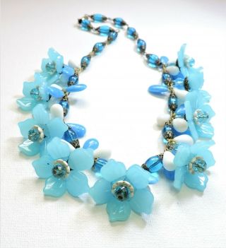 Vintage Blue & White Flowers Lampwork Art Glass Bead Necklace Se1909