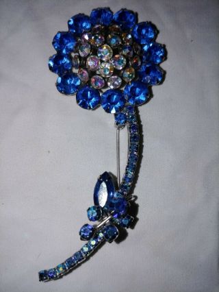 Vintage Large Blue/clear Rhinestone Flower Brooch/pin