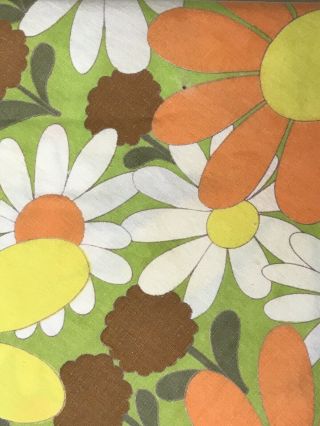 Vintage 1960s 70s Table Cloth Flower Power 68” Round Daisies Orange Lime Yellow