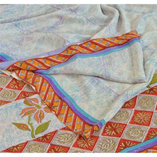 Sanskriti Vintage Indian Printed 100 Pure Crepe Silk Saree Blue Sari Craft Soft