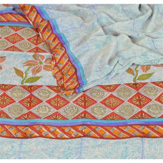 Sanskriti Vintage Indian Printed 100 Pure Crepe Silk Saree Blue Sari Craft Soft 2