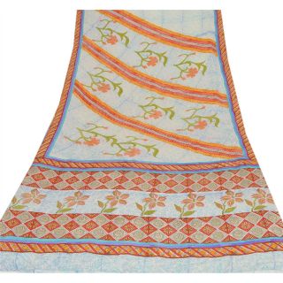 Sanskriti Vintage Indian Printed 100 Pure Crepe Silk Saree Blue Sari Craft Soft 3