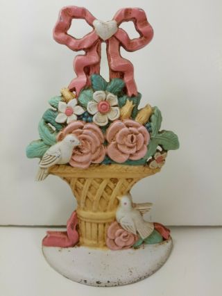 Vintage Flowers In A Basket Cast Iron Doorstop Midwest Importers Shabby Cottage