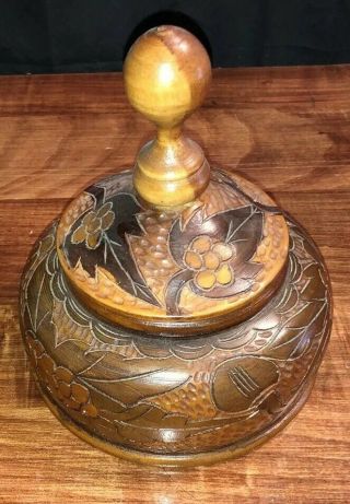 Vintage Hand Turned Hand Carved Solid Wooden Bowl W/ Lid Floral Design Folk Art