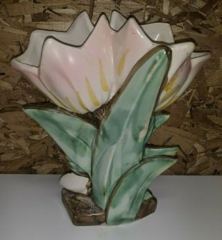 Vintage 1940 Mccoy Pottery Pink And Yellow Double Tulip Vase Planter