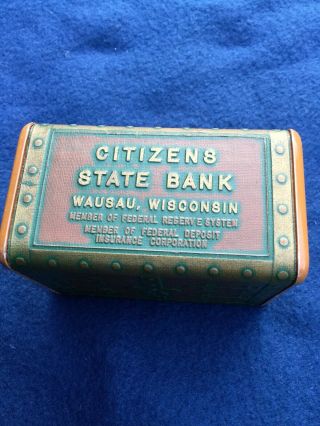 Vintage Metal Box Bank Wausau,  Wisconsin Citizens State Bank Treasure Chest