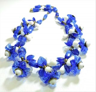 Vintage Cobalt Blue & White Flowers Lampwork Art Glass Bead Necklace Au19312