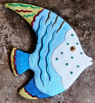 Large Vintage Chalkware Plaster Tropical Fish Wall Plaque – Cream & Turquoise