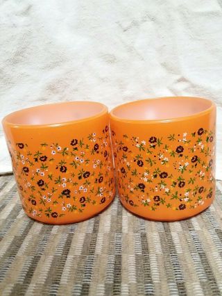 2 Vintage Orange Federal Milk Glass Coffee Cups Flower Motif Vintage