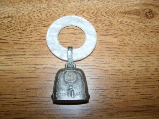 Vintage Silver Bell Baby Rattle Teething Ring Birth Record Dated 7 - 25 - 1956