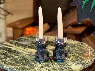 1990 Miniature Dollhouse Artisan Halloween Pair Sculpted Black Cat Candlesticks