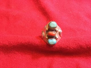 Vintage Large Navajo Sterling Silver And Turquoise And Coral Ring