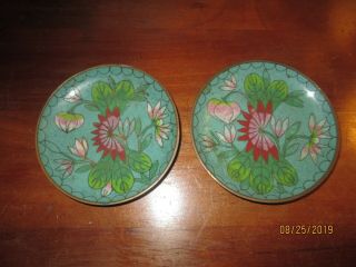 2 Vintage Chinese Enamel On Copper Floral Coaster,  3 - 1/2 " Round