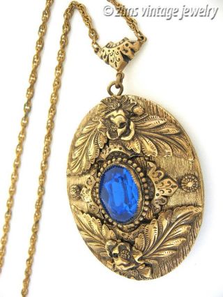 Antique Old Art Nouveau Brass Repousse Floral Leaf Blue Crystal Pendant Necklace