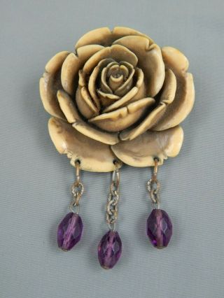 Vintage Art Deco Carved Celluloid Enamel Flower Brooch Purple Glass Dangles