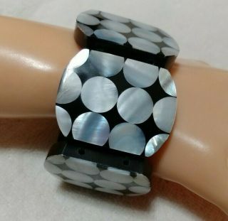 Vintage Black And White Checkered,  Mop & Lucite Stretch Bangle Bracelet