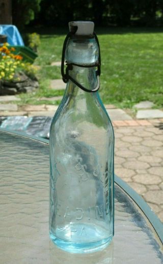 Vintage Fett & Son Glass Aqua Blob Top Soda Bottle Porcelain Stopper Reading Pa