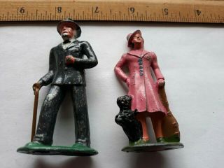 2 Vintage Art Deco Cast Iron Toy Display Figures Lady Dog Man Barclay Usa