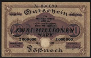 1923 2 Million Mark Poessneck Germany Old Vintage Emergency Money Banknote Xf