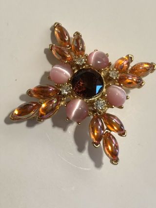 High End Vintage Jewelry Pink Orange Stacked Flower Brooch Pin Rhinestone