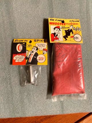 3 VINTAGE FUN INCORPORATED RACK GAGS - Scare - Em Spike,  Whoopee Cushion & Pencil 6