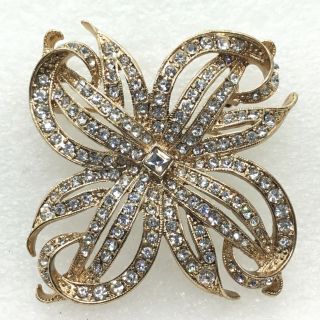 Vintage Ribbon Flower Brooch Pin Clear Glass Rhinestone Costume Jewelry