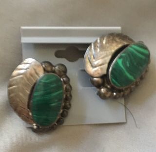 Vintage Sterling Silver - Navajo Signed & Stamped Malachite Earrings
