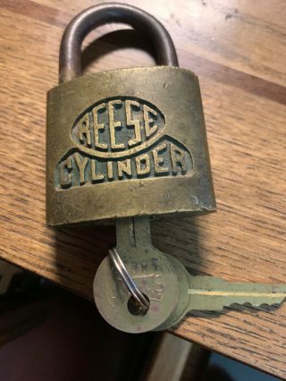 Vintage Brass Reese Cylinder Padlock Lock With Key